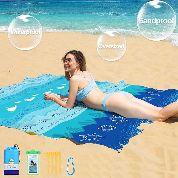 BYDOLL Beach Blanket 78''X81'' Waterproof Sandproof Suits1-4 Adults Oversized Lightweight Large Blanket Picnic Mat for Beach Sand Free Travel Camping Hiking Picnic