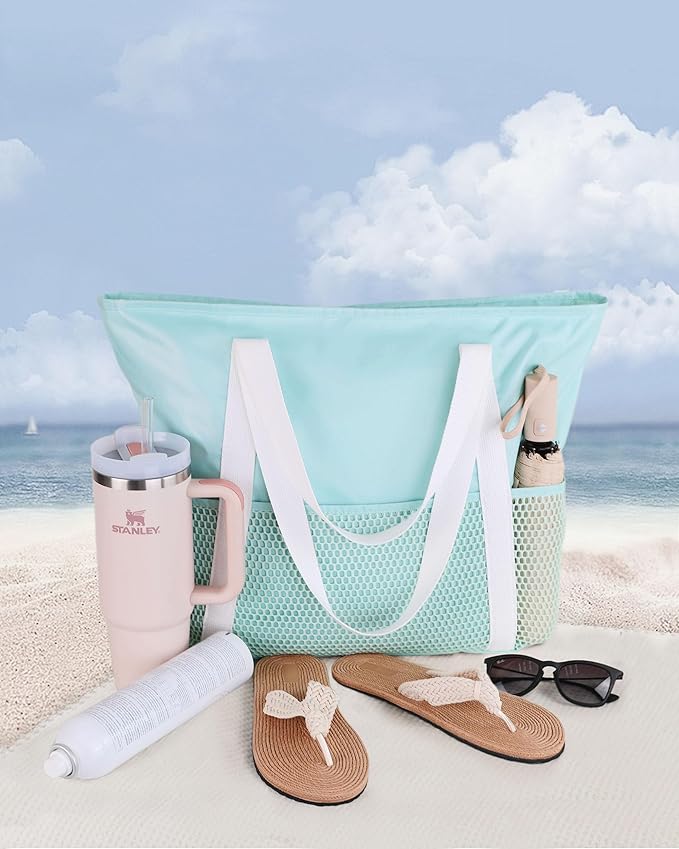 HOMESPON Beach Bag Large Waterproof Sandproof Foldable Tote for Women with Zipper Mesh Pockets for Pool Swim Travel Everyday