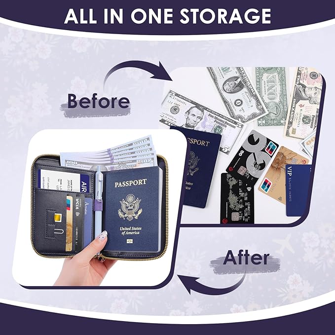 Passport Holder, Passport Holder For Travel, Passport Cover For Travel Essentials, Passport Wallet Cover RFID Blocking, Cute Passport Book for Women and Men, Navy Blue Flowers