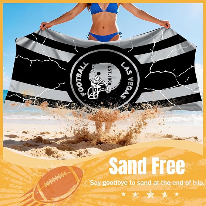 2 Pack Football Fan Thin Lightweight Microfiber Beach Towel Las Vegas City Themed Large Absorbent Oversized Towels Men Women Stuff Raiders Team Dad Husband Guy Him Birthday Anniversary Useful Gift