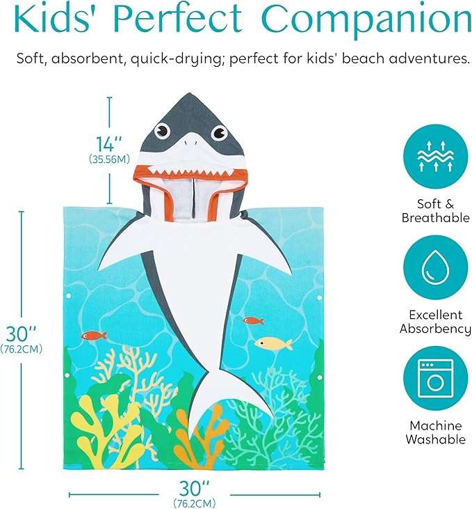 Joiedomi Kids Beach Towels with Hood for 3-10 Years Boys Girls Shark Hooded Toddler Bath Towel Poncho Absorbent Quick Dry Soft Microfiber Swim Robe with Backpack Lightweight 30"x30" for Beach Pool
