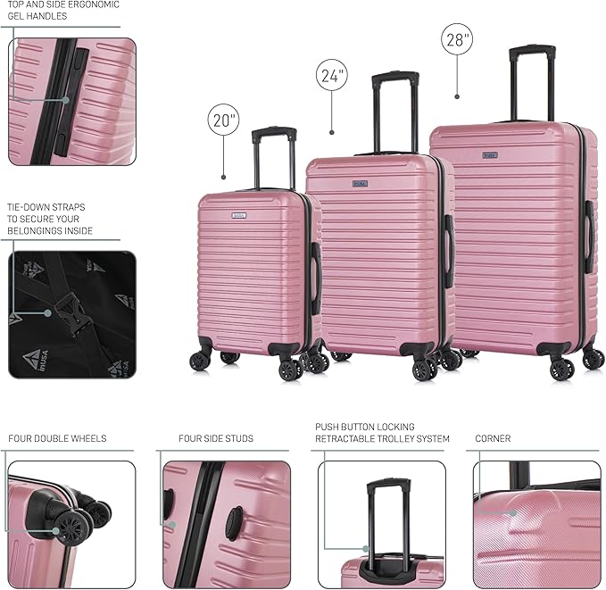 InUSA DEEP Luggage Set with Dual Spinner Wheels and Studs | Spacious Travel Suitcases with Ergonomic Handles | (20/24/28) 3 Piece Hardside Luggage Set | Rose Gold