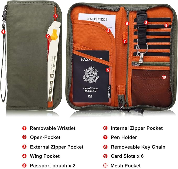 ZOPPEN Passport Holder Family RFID Passport Wallet, Passport Holder Women/Men, Travel Wallet Documents Organizer Zipper Case with Removable Wristlet Strap, Travel Essentials for Flying