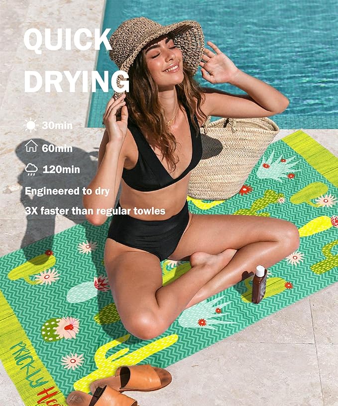 cabanana Sand Resistant Beach Towel - Quick Dry Microfiber Beach Towel 60x30 Inches Sandproof Pool Towels, Thin Lightweight Compact for Travel Swimming Bath for Adults Women Men (Cactus)