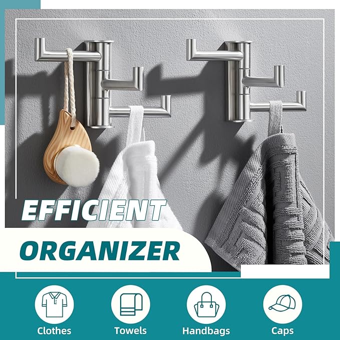 APLusee Swivel Towel Hook 2 Pack Brushed Nickel, 304 Stainless Steel Hook with Three Arms, Wall Mount
