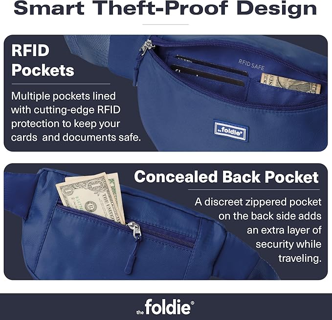 The Foldie Foldable Crossbody Bags for Women & Men - Anti-Theft RFID-Safe Fanny Pack with Smart Lockable Zippers and Cut-Resistant Strap - Lightweight Waist Pack for Travel & Everyday Use - Blue