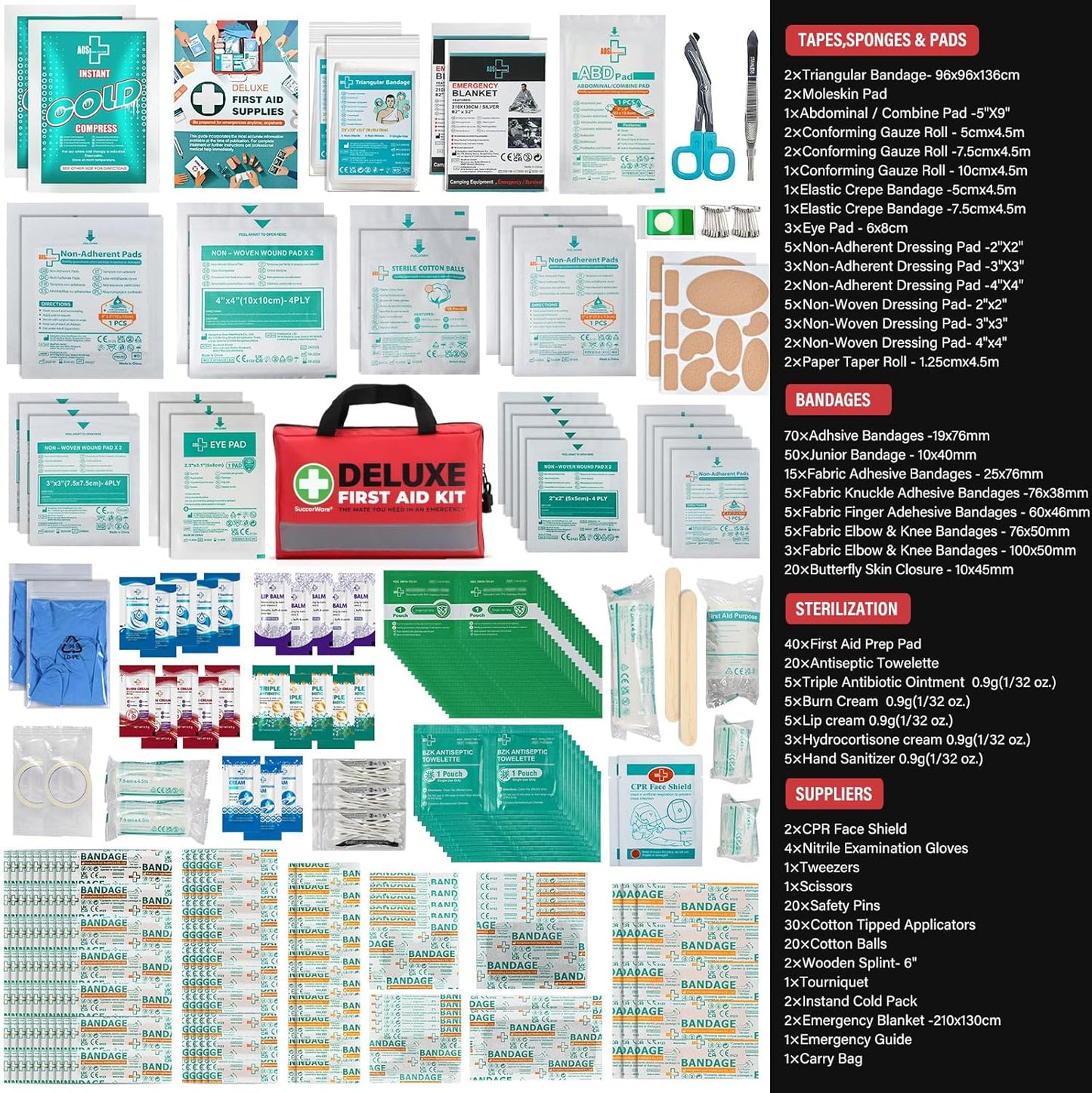 380 Pieces Deluxe First Aid Kit Compact Trauma Medical Kits with Assorted Bandages, Instant Cold Pack, Emergency Blanket for Home, Travel, Camping, Vehicle, Emergency Kits(Red)
