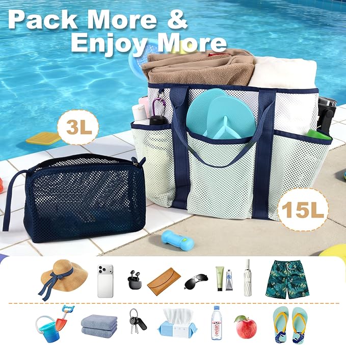 Mesh Beach Bag,Large Beach Bags for Women with 8 Pockets,Packable Tote Bag for Beach Cruise Pool Vacation Essentials