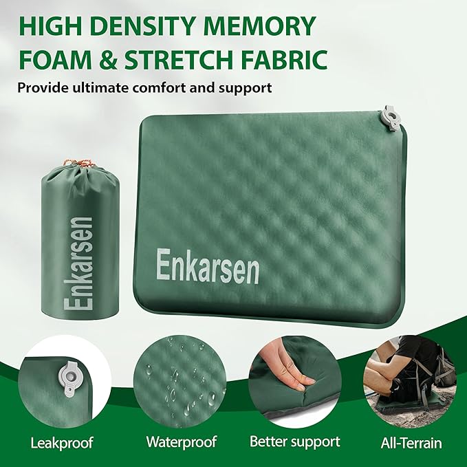 Inflatable Travel Seat Cushion – Self-Inflating Memory Foam Pad for Airplane, Stadium Bleachers, Camping, Hiking & Backpacking – Ultralight Compact & Portable Sitting Cushion (Green)