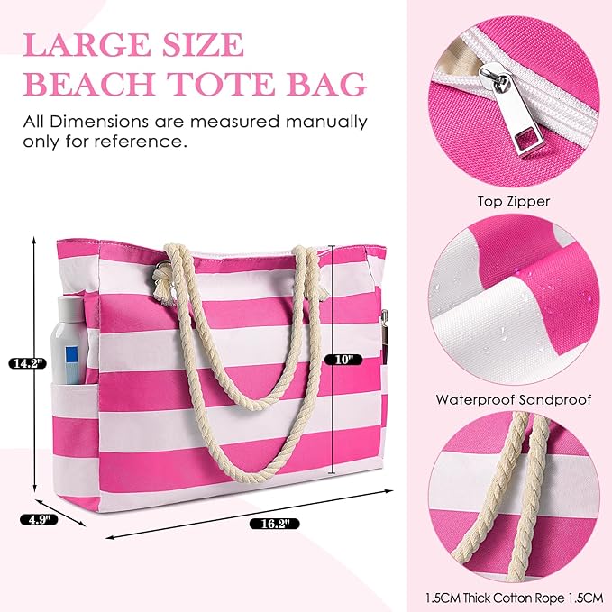 Pleneal Beach Bags For Women - Large Beach Bags with Zipper Waterproof Sandproof Swim Pool Beach Bag