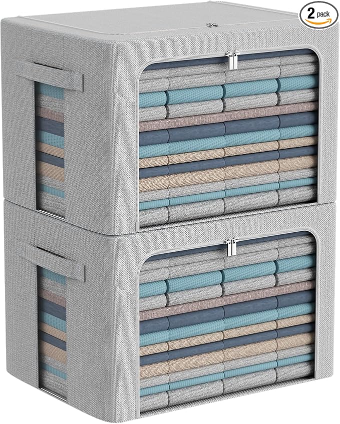 CYhom 2Pack Extra Large Clothes Storage Bins Box - Linen Fabric Foldable Stackable Container Organizer Set with Clear Window & Carry Handles & Metal Frame (Light Grey, Extra Large-100L)
