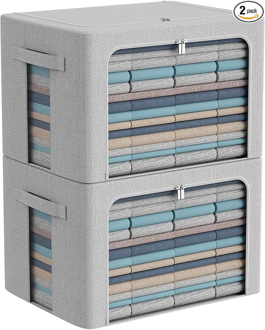 CYhom 2Pack Extra Large Clothes Storage Bins Box - Linen Fabric Foldable Stackable Container Organizer Set with Clear Window & Carry Handles & Metal Frame (Light Grey, Extra Large-100L)