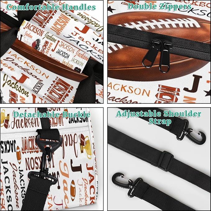 Custom Name Football Duffel Bag for Boys, Personalized Sports Gym Bag Overnight Travel Weekender Bag Lightweight Carry On Sleepovers Bag for School Practice Gymnastics Soccer Football