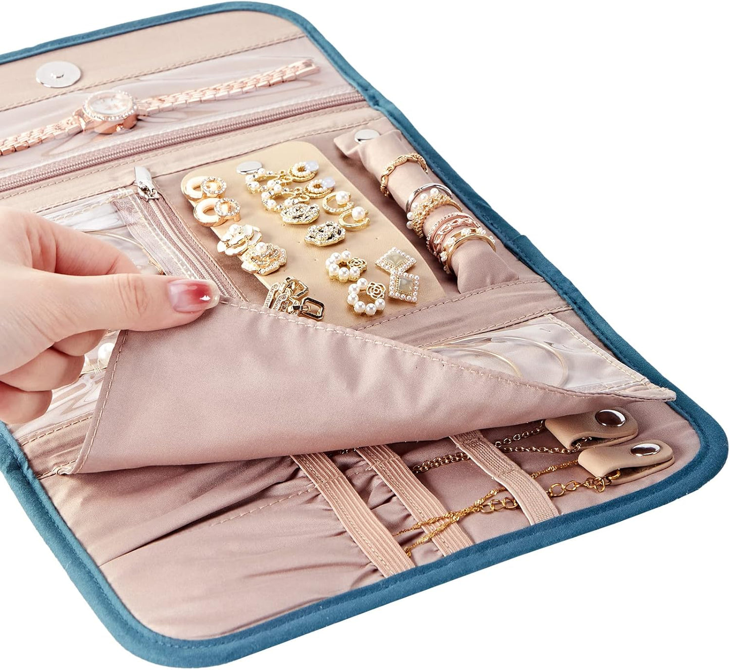 BELALIFE Travel Jewelry Case Organizer, Foldable Jewelry Storage Roll for Earrings, Necklaces, Rings, Bracelets, Brooches, Lake-Blue