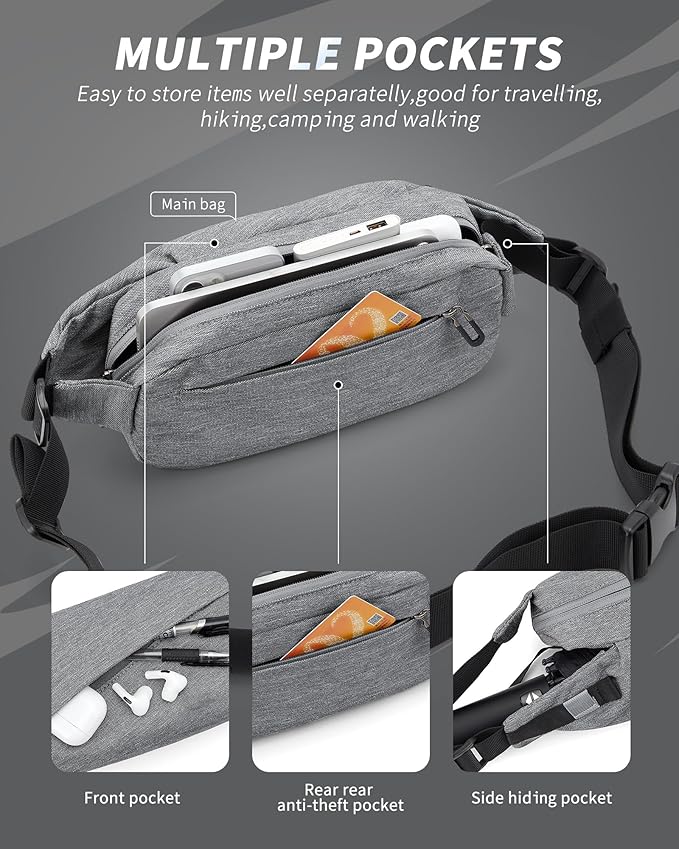 Fanny Pack for Mens Crossbody Bag, Sling Bag for Women Waist Packs Anti Theft Cross Body Belt Bags with Adjustable Strap for Running Sports Hiking Cycling Travel Walking - Grey