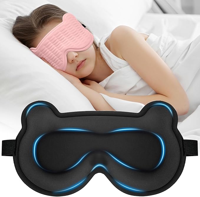 3D Kids Sleep Mask – Cute Bear Eye Mask for Sleeping, Comfortable Memory Foam Sleep Mask for Kids, Adjustable Strap and Lightweight Sleeping Mask for Boys Girls Teens Ages 5-15 (Pink)