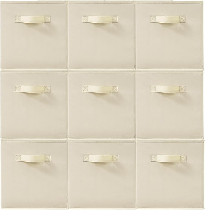 11 Inch Fabric Storage Cubes, Sturdy Foldable Storage Bins, Heavy Duty Cube Organizer for Clothes, Blankets, Shelves, Closets, Bedroom, Living Room, Beige, 9 Pack