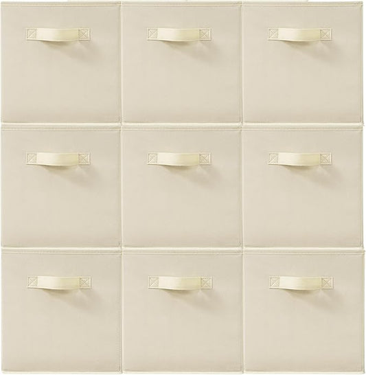 11 Inch Fabric Storage Cubes, Sturdy Foldable Storage Bins, Heavy Duty Cube Organizer for Clothes, Blankets, Shelves, Closets, Bedroom, Living Room, Beige, 9 Pack