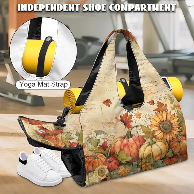 Sunflower Pumpkin Maple Leaf Mini Gym Bag for Women with Yoga Mat Holder Small Duffle Bag Weekender Hospital Workout Carry On Duffel Bags with Shoe Compartment Thanksgiving Decor