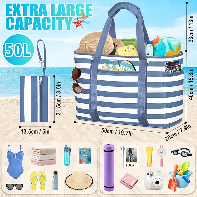 Extra Large Beach Bags for Women, Waterproof Sandproof Beach Tote Bag Foldable Swim Pool Bag with Zipper and Wet Pocket