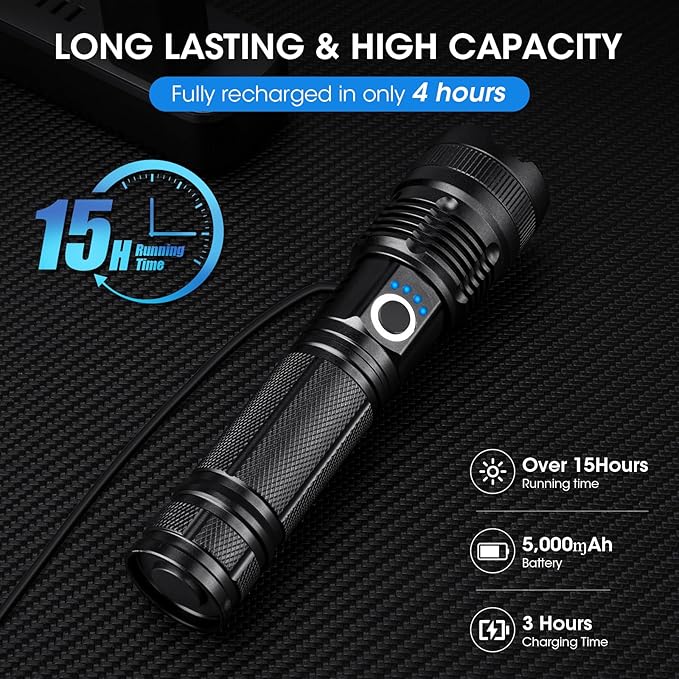 Flashlights Rechargeable LED High Lumens - 4 Pack 90,000LM Super Bright Flashlight, Adjustable Powerful Flash Light with 5 Modes, Waterproof Handheld Flashlight for Home, Camping