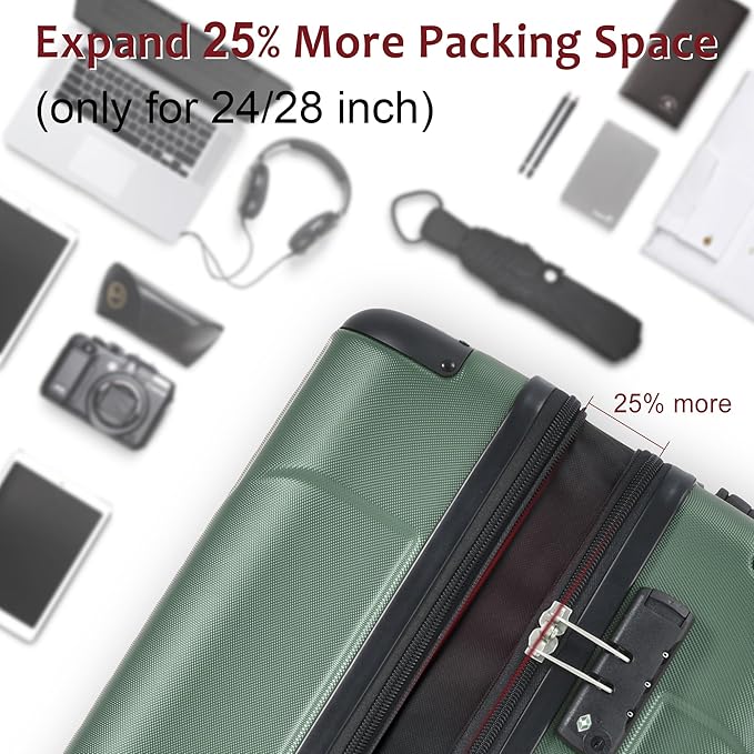 28 Inch Large Checked Luggage Hardside Suitcase with Spinner Wheels, Green Lightweight Expandable Hard Shell ABS Suitcases with TSA Lock, Large Travel Luggage for Women, Men