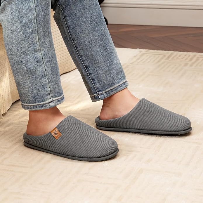 VeraCosy Men's Cozy Slip-on Slippers Corduroy Memory Foam Indoor House Shoes