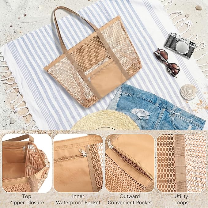 Women's Mesh Beach Bag, Stylish Beach Tote for Swimming, Travel & Vacation Essentials, Lightweight Design for Poolside