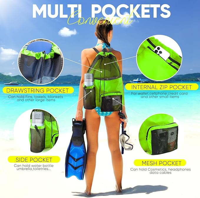 Swim Mesh Beach Bag, Waterproof Gym Bags for Women and Men, Large Pool Bag Swimming Gear Drawstring Backpack