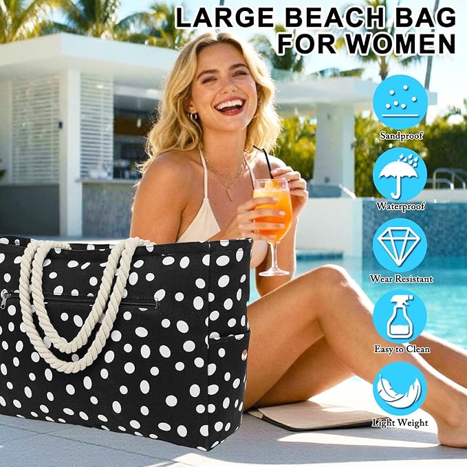 Large Canvas Beach Bag for Women, Beach Bags Waterproof Sandproof with Zipper & Wet Bag Cruise Essentials