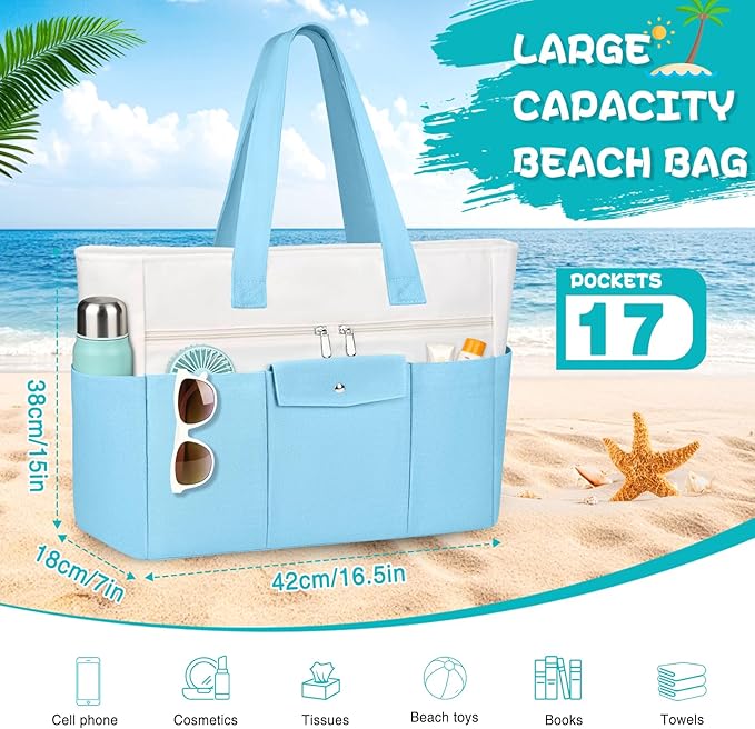 Beach Bags for Women Large Canvas Beach Tote with Zipper Wet Pocket, Waterproof Foldable Swim Pool Travel Tote Bags