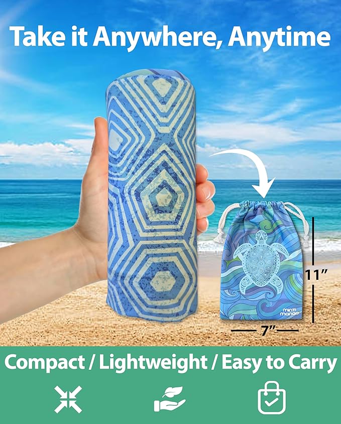 Microfiber Beach Towel Oversized 71X32" Thin, Reversible, Large, Lightweight, Quick Dry, Sand Free, Absorbent, Swim, Pool, Cruise, Compact Travel Towel, Camping, Beach Blanket, Carry Bag, Turtle