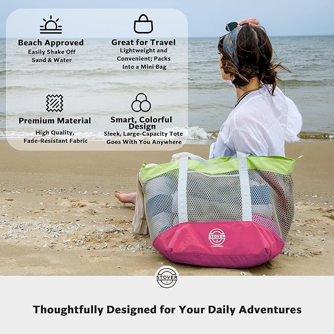 STOVER Extra Large Mesh Beach Bag, Vacation, Pool, Shopping & Travel Tote - Foldable w/Storage Pouch & Pockets for Women, Men
