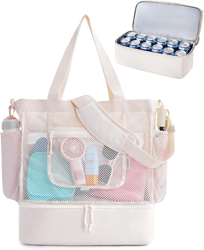 BAGSMART Beach Bag for Women, Mesh Tote Bags with Zipper, Sandproof Vacation Essentials with Cooler for Swim Cruise Pool