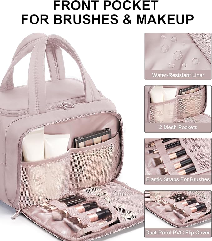 Travel Toiletry Bag for Women, Lightweight Large Quilted Puffy Makeup Bag Wide-open Make up Organizer Cloud Cosmetic Bag w/Handle for Traveling Toiletries Essentials Accessories Light Pink