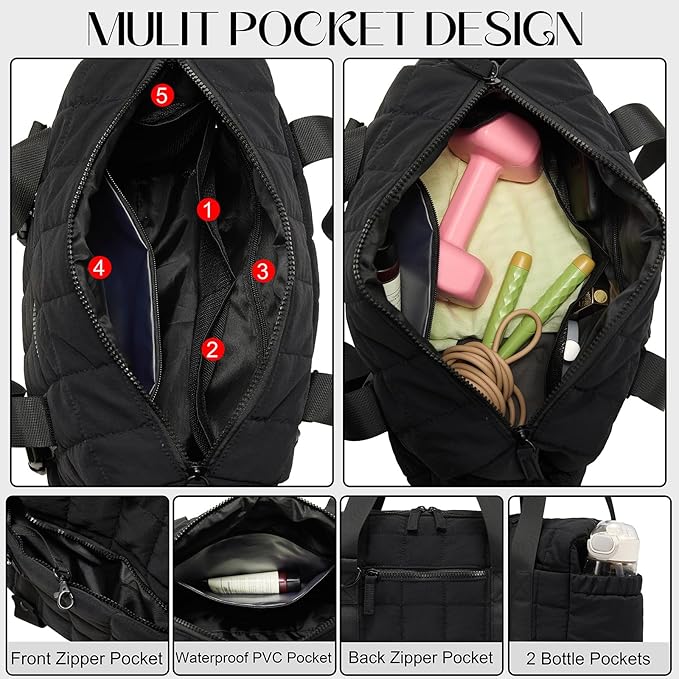 Small Gym Bag for Women, Puffy Sports Duffel Bag with Yoga Mat Holder, Gym Tote Bag with Wet Pocket & Coin Wallet, Carry on Bag for Workout Dance Pilates Ballet Swimming Travel