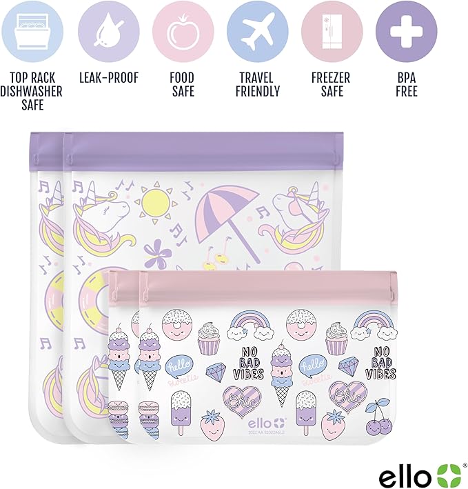 Ello 4 Pack Reusable Food Storage Bags, Resealable BPA-Free, Food-Safe PEVA, Feezer Safe and Leak-Proof