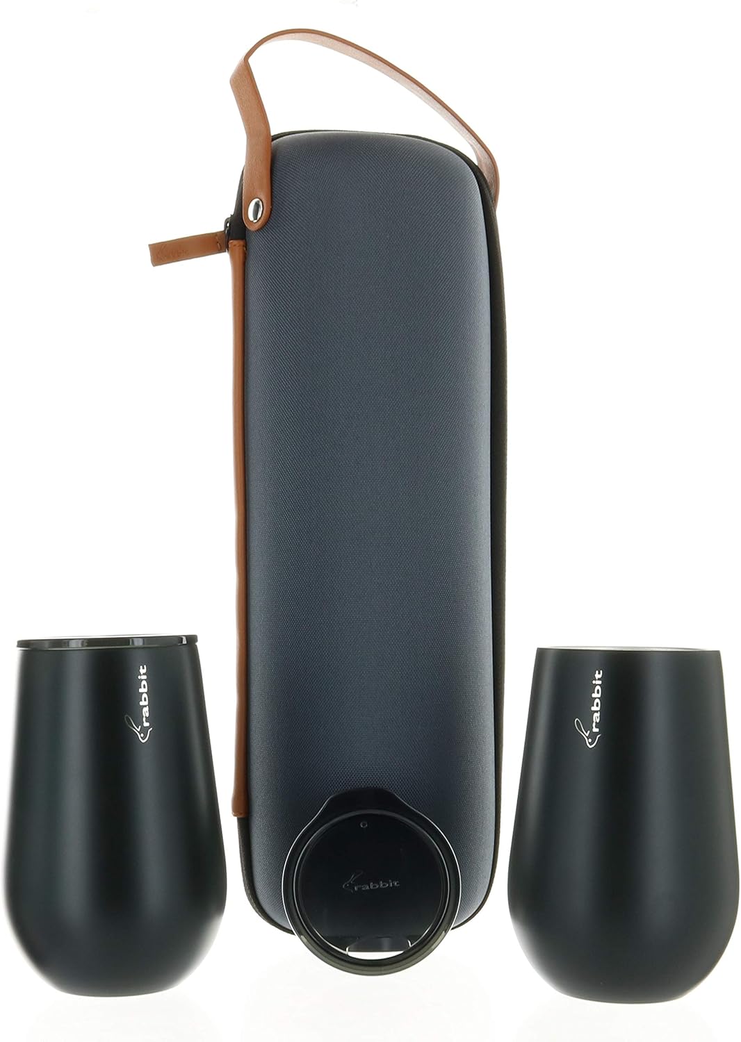 Rabbit Wine to Go - Set of 3 | Wine Bottle Insulation Bag with Handle | Includes 2 Stainless Steel Tumblers with Lids | For On-the-Go Travel such as Picnic, Hiking, and Barbeques