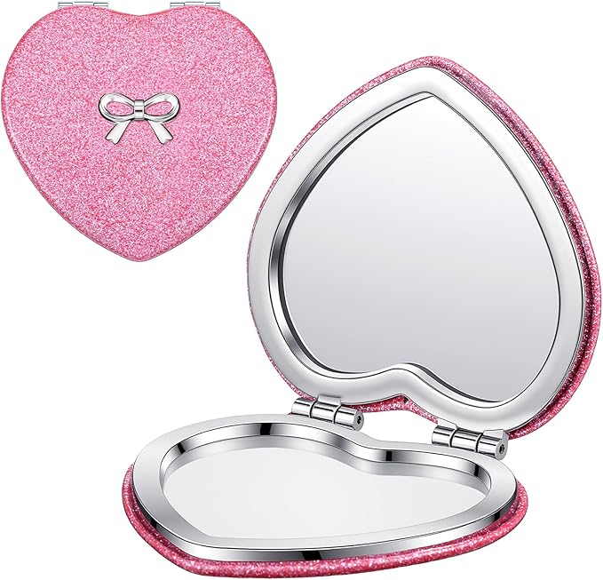 Compact Folding Mirror Heart Shaped Double-Sided 1X/2X Magnifying Mirror Cute Mini Glitter Makeup Mirror with PU Leather Ultra-Portable Cosmetic Mirror for Women Home Office Travel (Rose red)