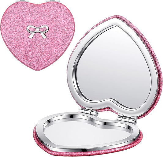 Compact Folding Mirror Heart Shaped Double-Sided 1X/2X Magnifying Mirror Cute Mini Glitter Makeup Mirror with PU Leather Ultra-Portable Cosmetic Mirror for Women Home Office Travel (Rose red)