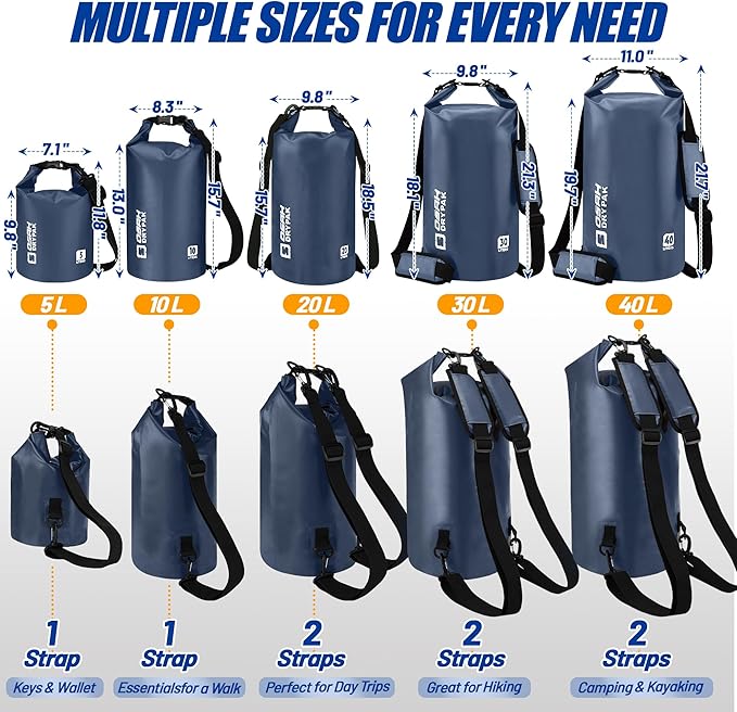 Waterproof Dry Bag, 5L/10L/20L/30L/40L Roll Top Lightweight Storage Backpack with Phone Case for Women & Men, Floating Waterproof Sack for Travel, Swimming, Kayaking, Paddle Board, Camping & Beach