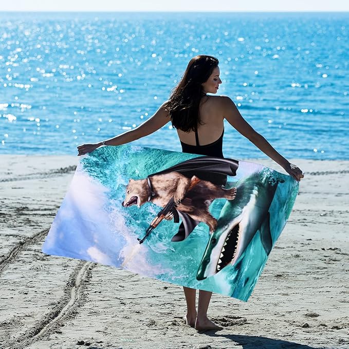 LIVILAN Funny Shark Bear Beach Towel, 30" x 60" Oversized Microfiber, Soft, Quick Dry, Sand Free, Ideal for Bath, Pool, Travel, Unique Shark & Bear Gifts for Men, Boys, Teens