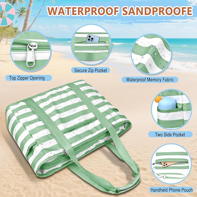 Extra Large Beach Bags for Women, Waterproof Sandproof Beach Tote Bag Foldable Swim Pool Bag with Zipper and Wet Pocket