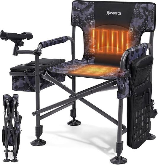 X Strike Heated Fishing Chair with Rod Holder Cooler Bag Storage Bag Shoulder Strap and Adjustable Feet, 350LBS Heavy Duty Folding Ice Fishing Chair for Adults Outdoor Camping (Battery Not Included)