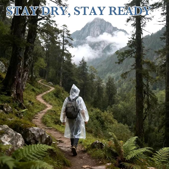 Disposable Rain Ponchos for Adults, 5Pcs Card-Sized Emergency Ponchos with Hood Clear Ponchos Family Pack for Travel, Waterproof PE Raincoats with 10Pcs Shoe Toe Sticker for Women, Men, Kids