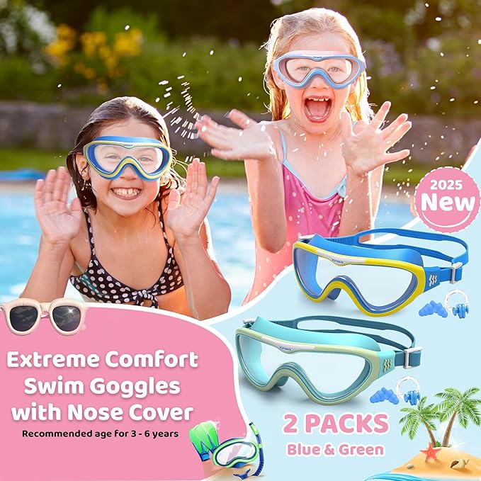 Kids Swim Goggles for Kids 6-14, Anti-Fog & UV400 Lens, Comfortable Silicone Design, Includes Nose Clip & Earplugs