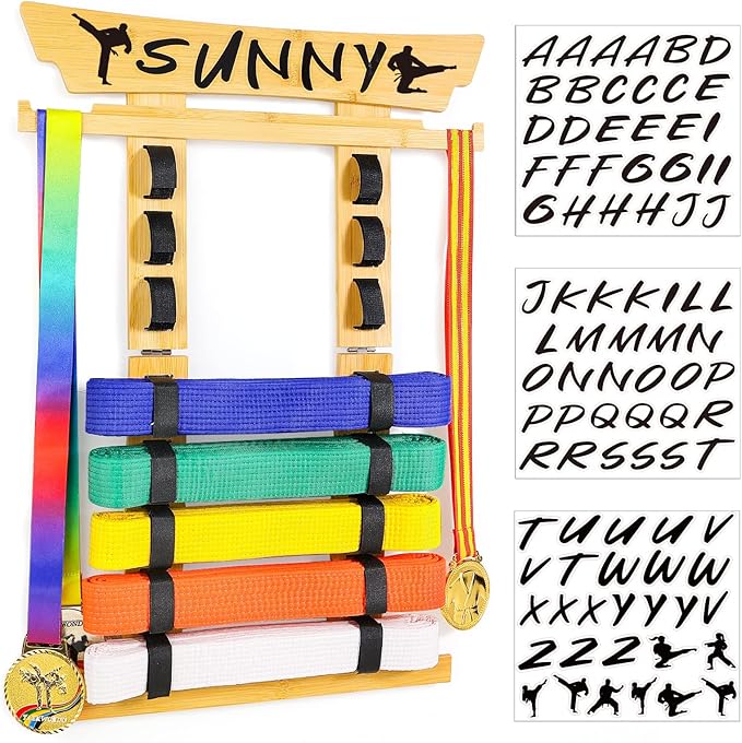 Tilhumt 8 Belt Karate Belt Display Rack with Medal Hanger and Stickers, Taekwondo Belt Display Holder, Martial Arts Belt Display Organizer for Adults, No Assembly Required (Bamboo/Acrylic)