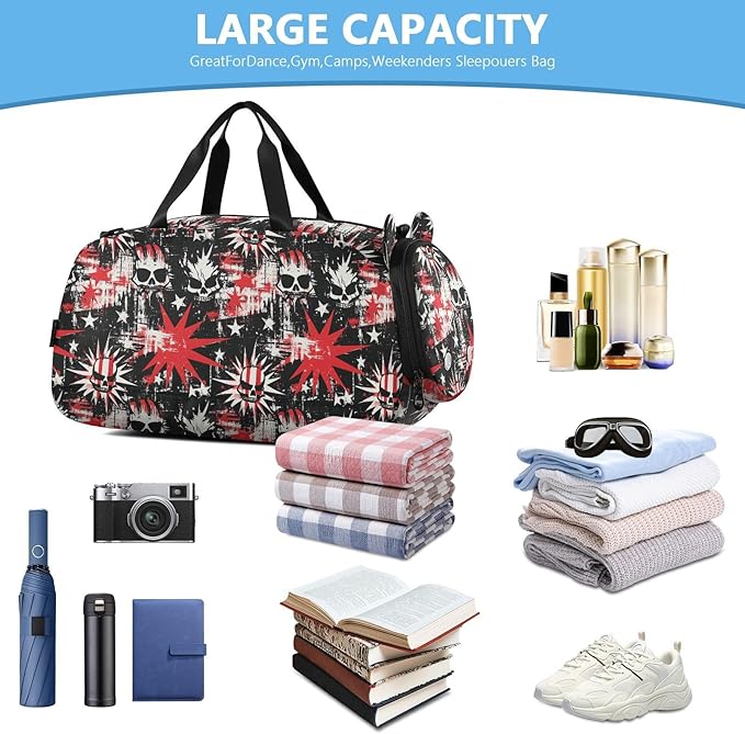 Punk Style Skull Stars Red Black Kids Cute Gym Bag with Shoes Compartment Multifunctional Overnight Bag for Beach Swim Bags Pool Sports bolsa de viaje para mujer