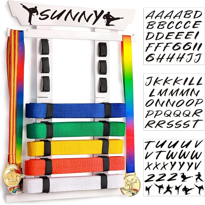 Tilhumt 8 Belt Karate Belt Display Rack with Medal Hanger and Stickers, Taekwondo Belt Display Holder, Martial Arts Belt Display Organizer for Adults, No Assembly Required (Bamboo/Acrylic)