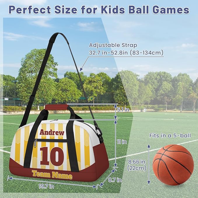 Basketball Soccer Gifts for Boys Girls - Custom Sports Duffle Bag, Personalized Name & Team Bag, Water-Resistant Gym Bag for Basketball, Soccer, Volleyball | Y-Yellow Dark Red